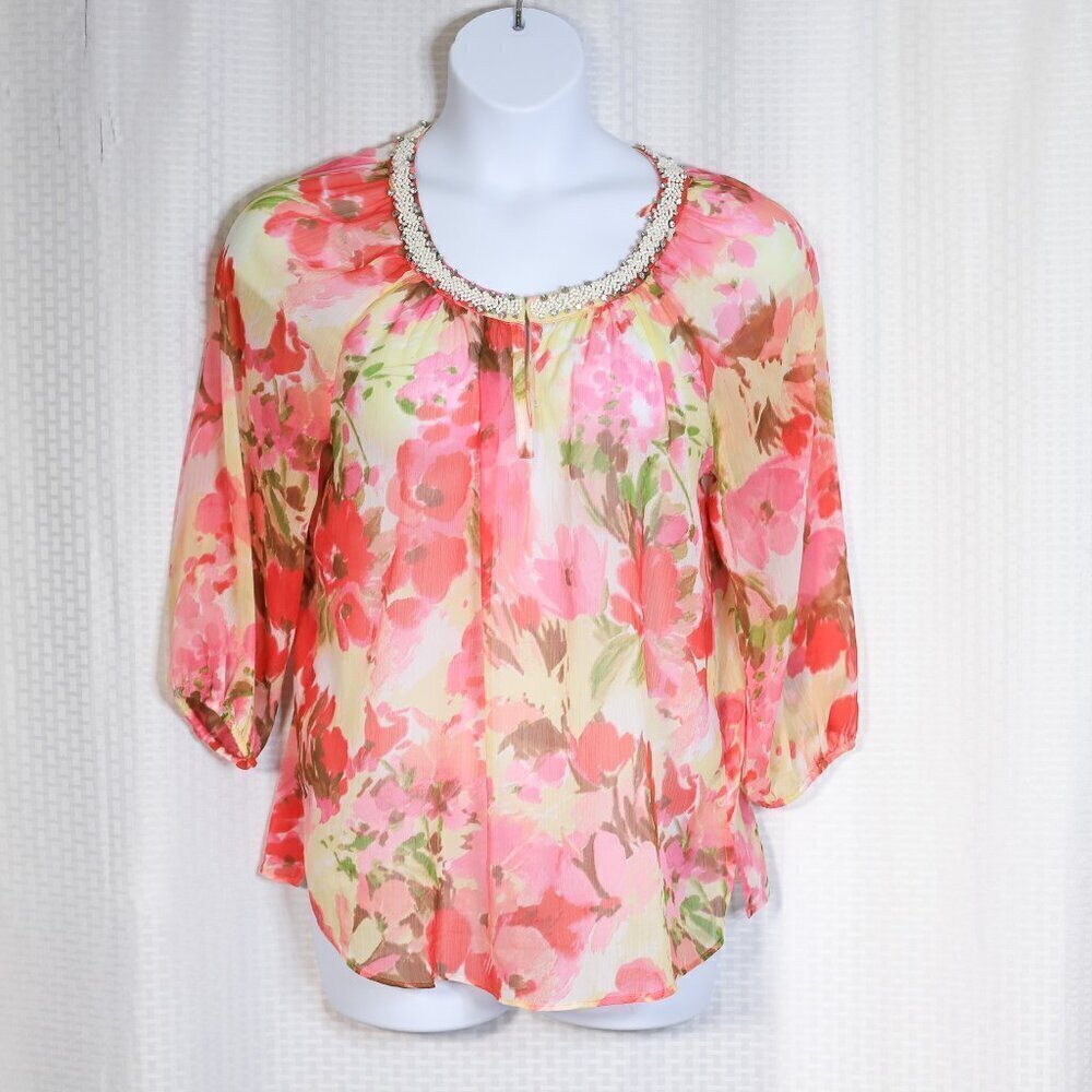 Charter Club Size L embellished jeweled lightweight 3/4 sleeve blouse